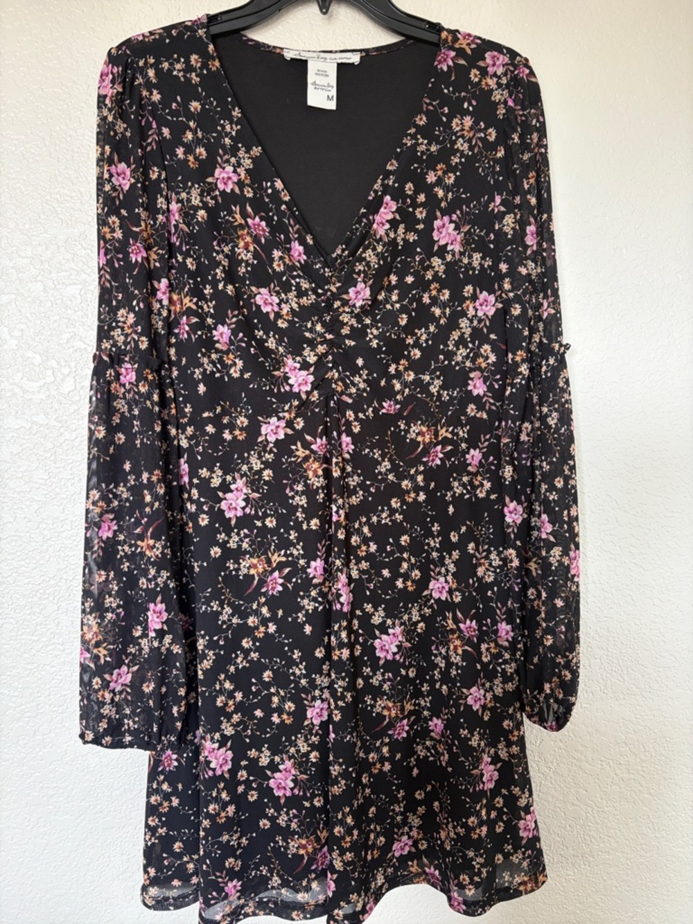 American Rag Black Floral Maxi Dress with Pink & Tan Accents